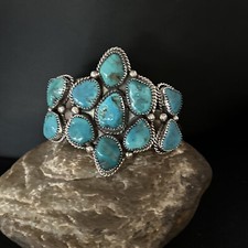 Mens Blue Kingman Turquoise Sterling SIlver Cluster Cuff Bracelet 14596