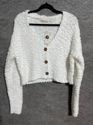Francesca s Mi Ami Crop Top Women M Fuzzy Pop Long Sleeve V Neck Button Up White