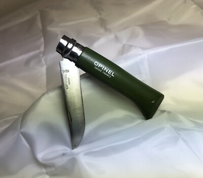 Opinel Inox Savoie France No. 08 Green Pocket Knife Wood Grain Whittling 3 1/4 