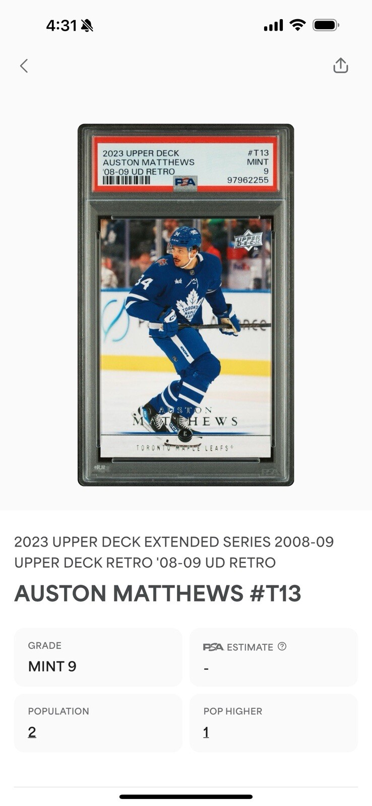 2023 Upper Deck ES #T-13 - Auston Matthews 08-09 Upper Deck Retro - PSA 9 MVP view 2