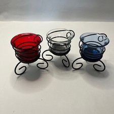 Set Of 3 Blue Red And Clear Painted Glass Tea Light Votive Candle Holders