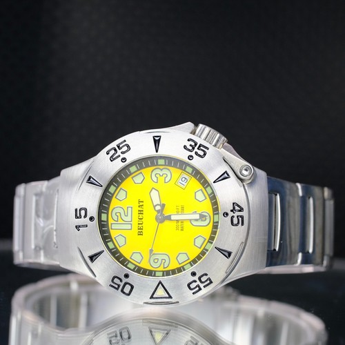 BEUCHAT X-LIFE DIVERS MENS WATCH YELLOW LUMINOUS DIAL ROTATING BEZEL 300M - Picture 5 of 6