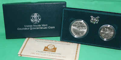 1992 Columbus 2 Coin BU 90% Silver Dollar & Half Shuttle US Mint Coins Box & COA
