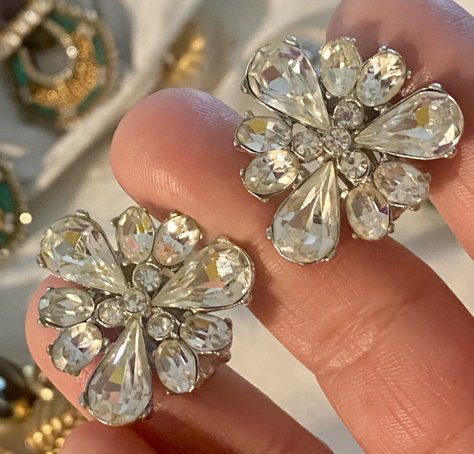 Vtg Bogoff Clear Rhinestone Clip Earrings Silver … - image 1