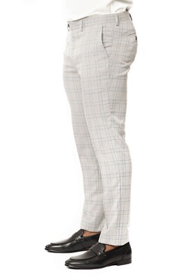 Slim Fit Plaid Mens Chalk Grey Dress Pants Flat Front No Pleats Fitted AZARMAN