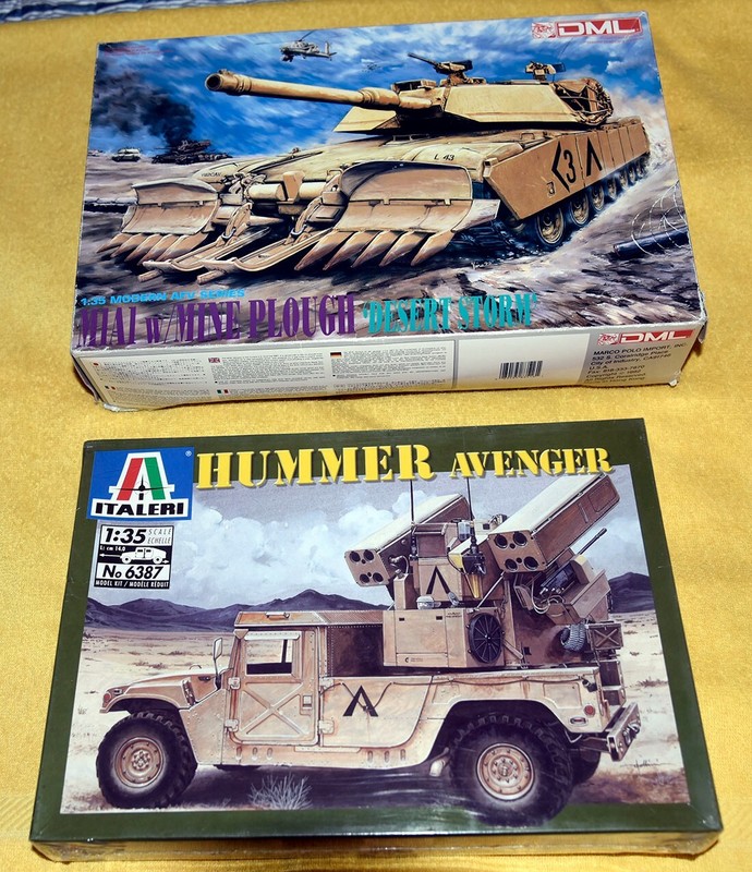 TWO KIT COMBO. DML 1/35 M1A1 WITH MINE PLOW, ITALERI 1/35 HUMMER AVENGER