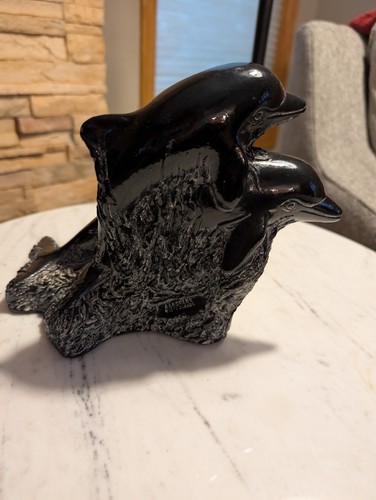 aardvark Dolphin Sculpture 70’s Black Sandstone Made in Canada Vintage 1972 - Picture 3 of 8