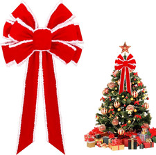 Large Red Velvet Christmas Bow with White Edge for Holiday Decor 10'' X 21