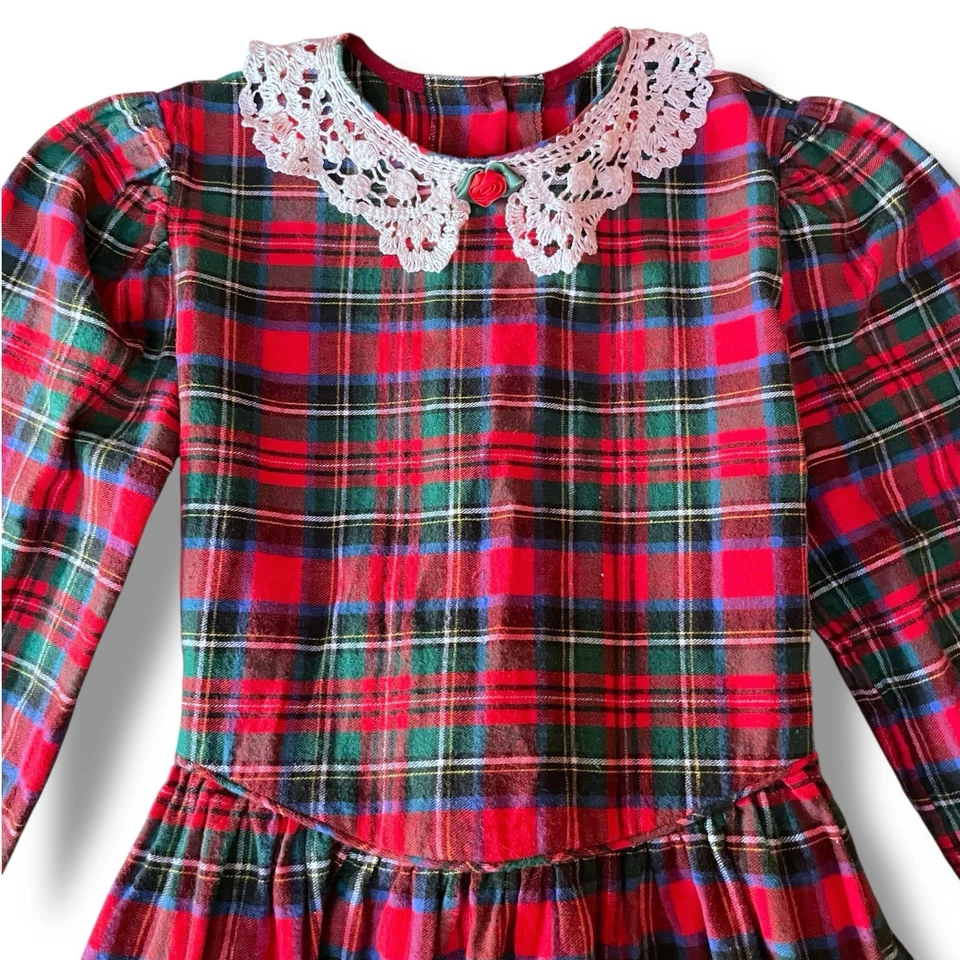 Vestido Vintage Años 90 Therese Niñas Talla 14 Rojo Franela a Cuadros Midi Vacaciones Navidad Foto 4 de 4