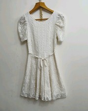 Pinky Ivory Floral Lace Puff Sleeve Whimsical Cottagecore Fairycore Dress UK 6
