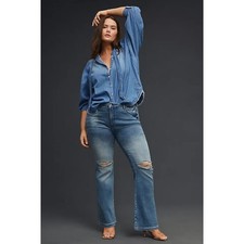 PILCRO by Anthropologie The Icon High Rise Flare Jeans Distressed Med Wash Sz 31