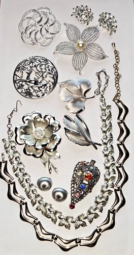 Crown Trifari Coro Lisner Sarah C.  Vintage Shimmering Silvertone Lot 13 Pcs.