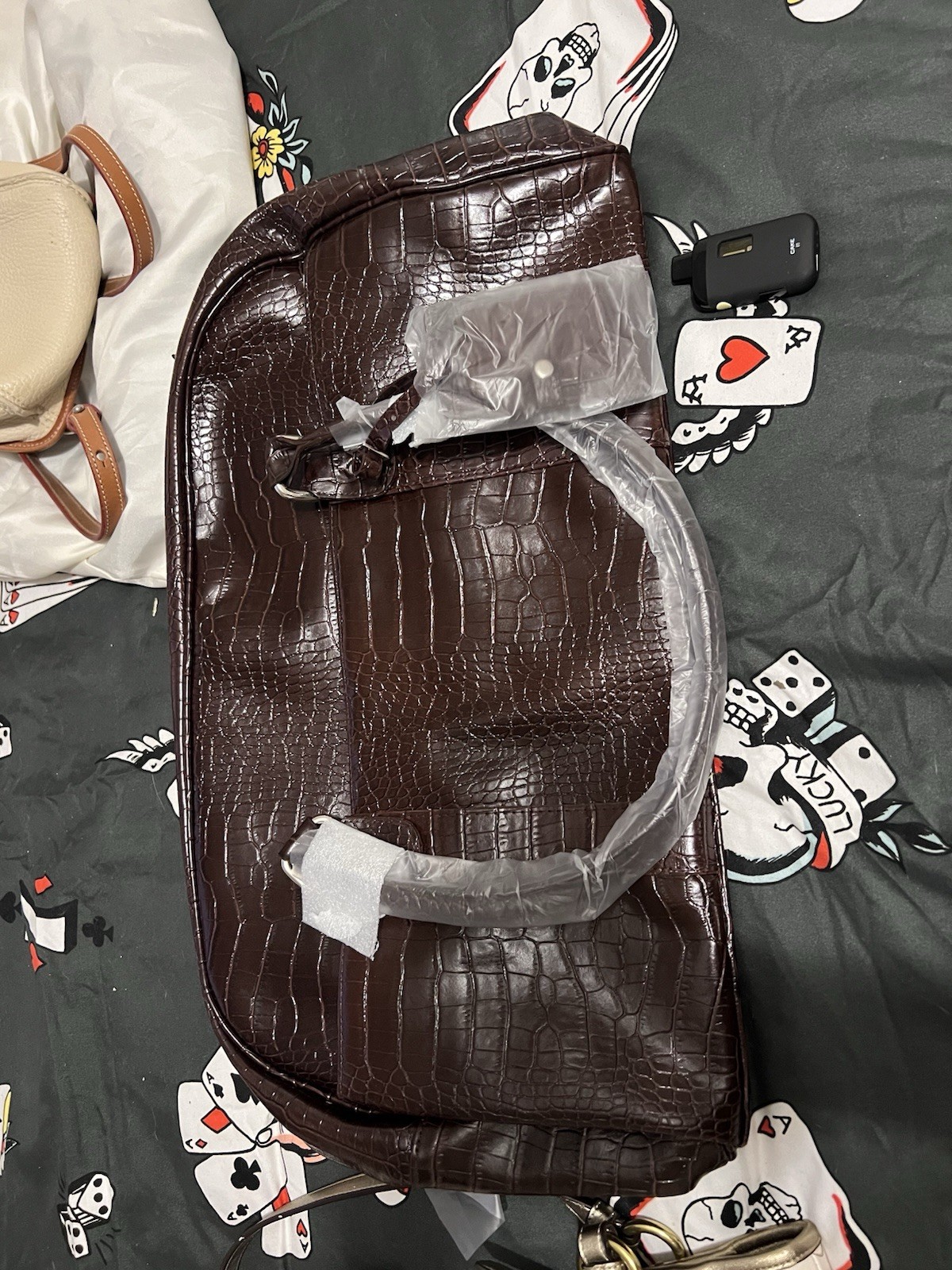 Brown Croc Embossed Shoulder Bag Top Handle Zip Closure Detachable Strap Silver