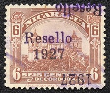 [1715] Nicaragua 1927. SC# 449 6c, ERROR UNLISTED, Double OVP one INV. USED