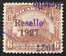 [1715] Nicaragua 1927. SC# 449 6c, ERROR UNLISTED, Double OVP one INV. USED