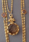 Vintage Unsigned Goldette 3 Strand Chain Pendant Necklace Amber Glass Cameo