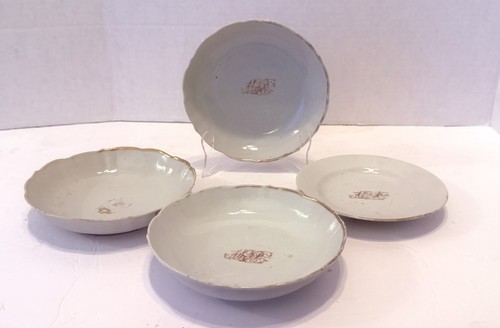 18c Chinese Export Polychrome Gold Initals Tea Bowl Saucer Plates c1770 set of 4