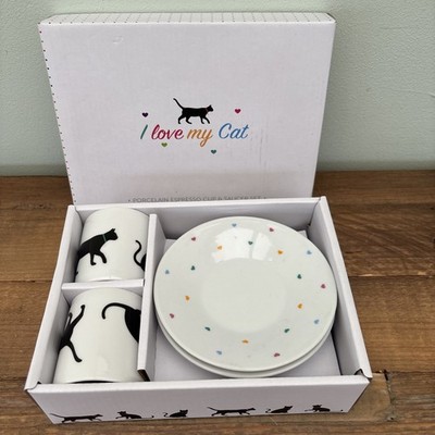 Puckator Cat Set of 2 Porcelain Espresso Cups & Saucers BNIB J 12 