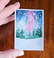 Watercolor ACEO – Winter Night Sky & Northern Lights Over Snowy Trees Mini Art
