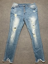 Women's Button Fly Skinny Jeans Size L Distressed Raw Hem Stretch Denim Pants
