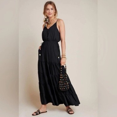 Anthropologie Dolan Left Coast Maxi Dress. Tiered Black Side Tie Pockets Sz M