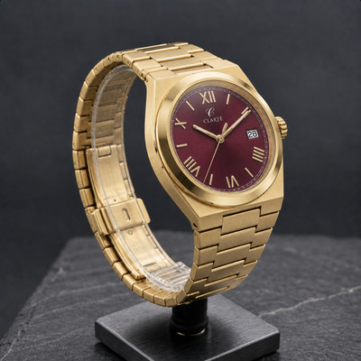 Men's Automatic Watch Gold Burgundy Red Dial Seiko NH35 Roman 40mm Steel CLARTÉ