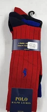 Polo Ralph Lauren Soft Touch Rib Dress Socks Men's 10-13 Red/Blue/Black 3-Pairs
