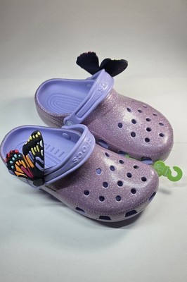 Crocs Classic Kids J3 Glitter Purple Clog Slip On Comfort Casual Shoes