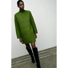 ZARA Green Wool Sweater Dress Mock Neckline Oversized Knitwear Solid X-Small