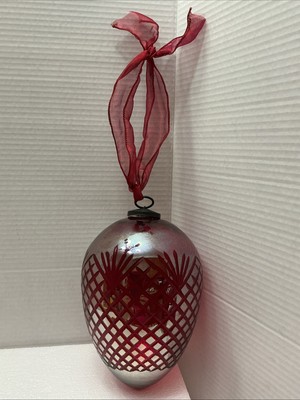 Christmas Jumbo Glass Silver Egg Ornament W/Red Etching & Metal Finial India 8''