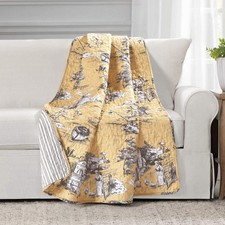 French Country Toile Cotton Reversible Throw Blanket Yellow Gray 60 X