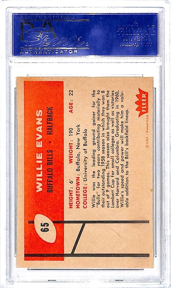 1960 Fleer #65 Willie Evans Buffalo Bills Football Card PSA 8 NM-MT ID:45916 - Image 2 of 2