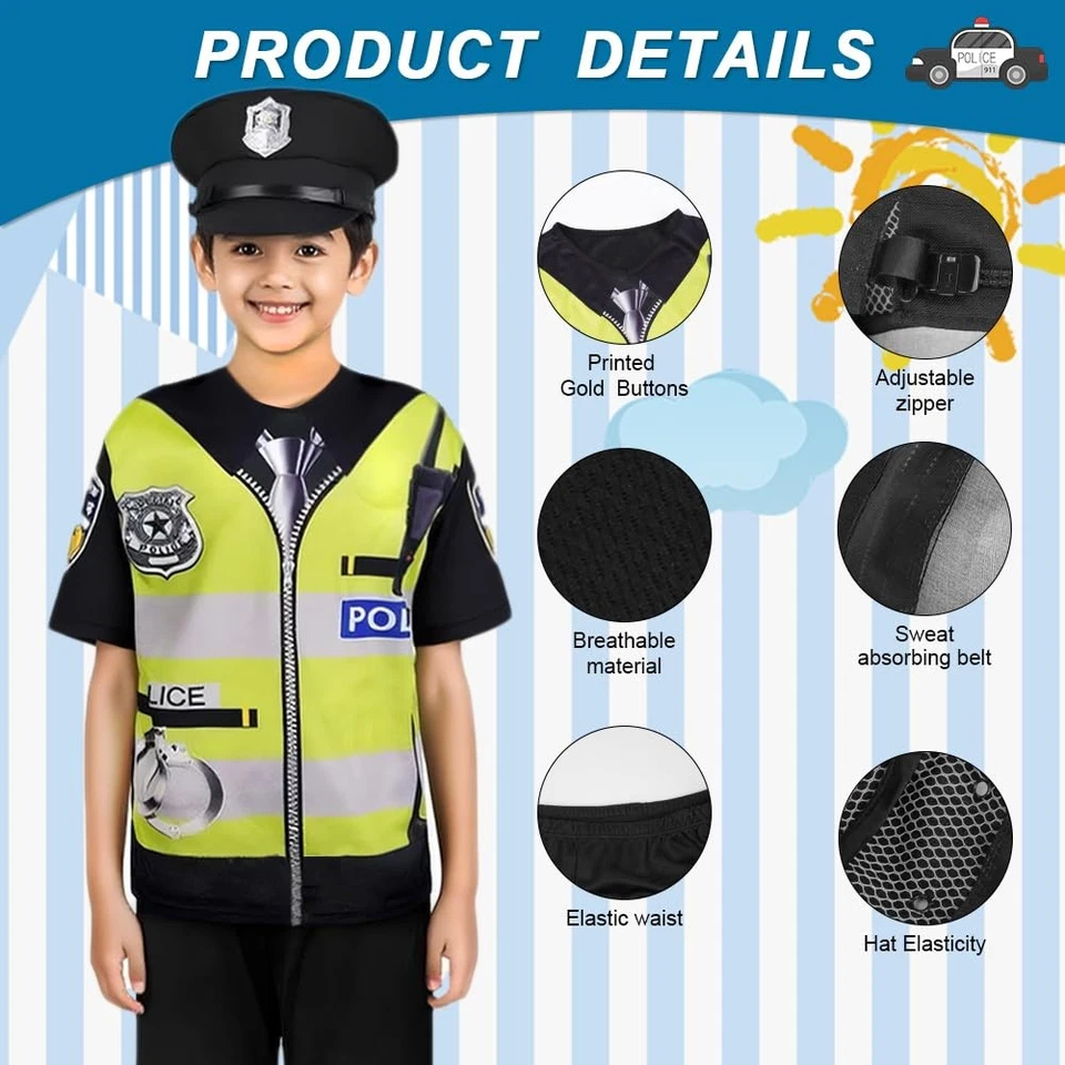 Police Deguisement Enfant, 11Pcs Policier Costume Courte avec Chapeau - Photo 3/4