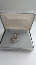 Sterling Silver Diamond Cut Puffy Heart Chain Necklace Filigree Pendant 925 Vtg
