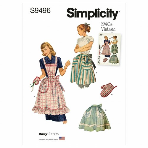 SIMPLICITY 9496 MISSES VINTAGE 1940's APRONS Sewing pattern ONE SIZE Skill: EASY