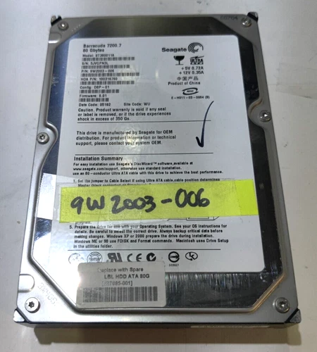 Hard Drive IDE Seagate Barracuda ST380011A 9W2003-006 100316760 D8P-01 80GB