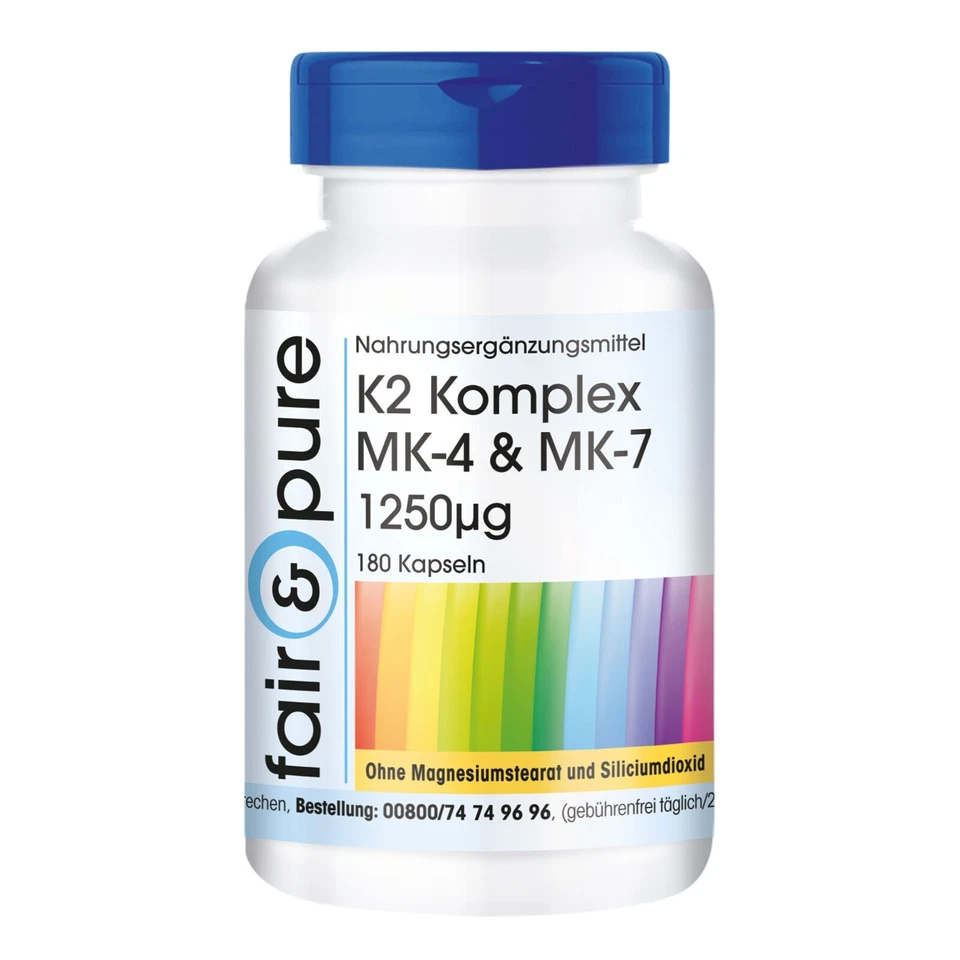 Vitamin K2-Komplex 1250 μg - 180 Kapseln - Menachinon MK-4 & MK-7 | fair & pure