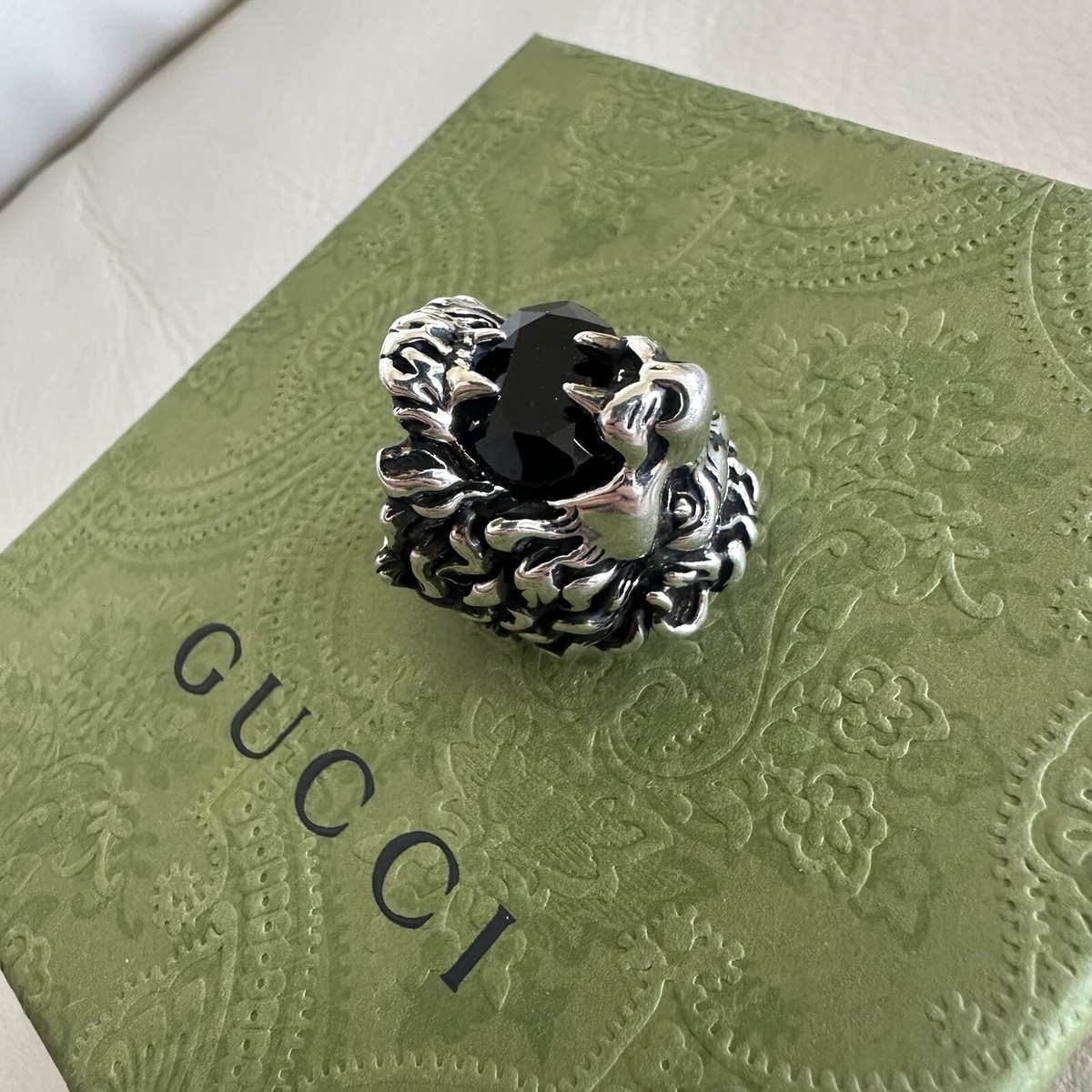 NEW Authentic Gucci Lion Head Crystal Ring In Silver & Black Sz 13 