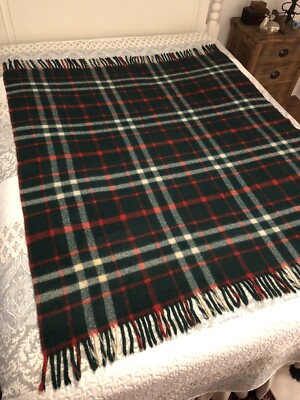 Vintage Plaid Wool Blanket Green with Red & White Accents Original Carry Case