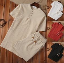 Mens Shorts Cotton Linen Summer Outfit 2-Piece Set T Shirts and Short Pants