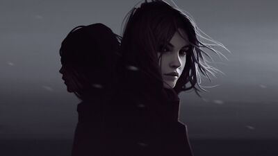 Anime girls women drawing dark short hair windy looking Playmat Gaming Mat Desk