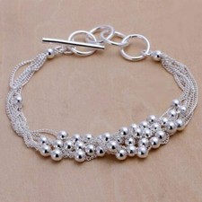 Womens 925 Sterling Silver Multilayer Beads Ball Link Chain Bracelet BR33