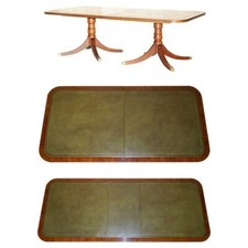 FLAMED MAHOGANY 8-12 PERSON EXTENDING DINING LIBRARY TABLE GREEN LEATHER TOP