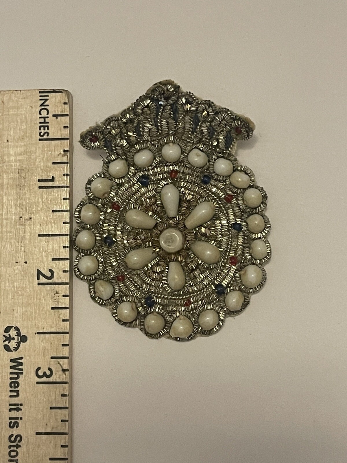 Metal Thread Embroidered Beaded Patch Brooch Pin … - image 3