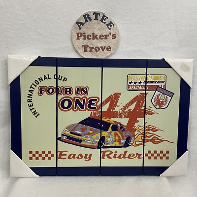 Wood Racing Sign Decor, Blue, Easy Rider, International Cup, Race Car