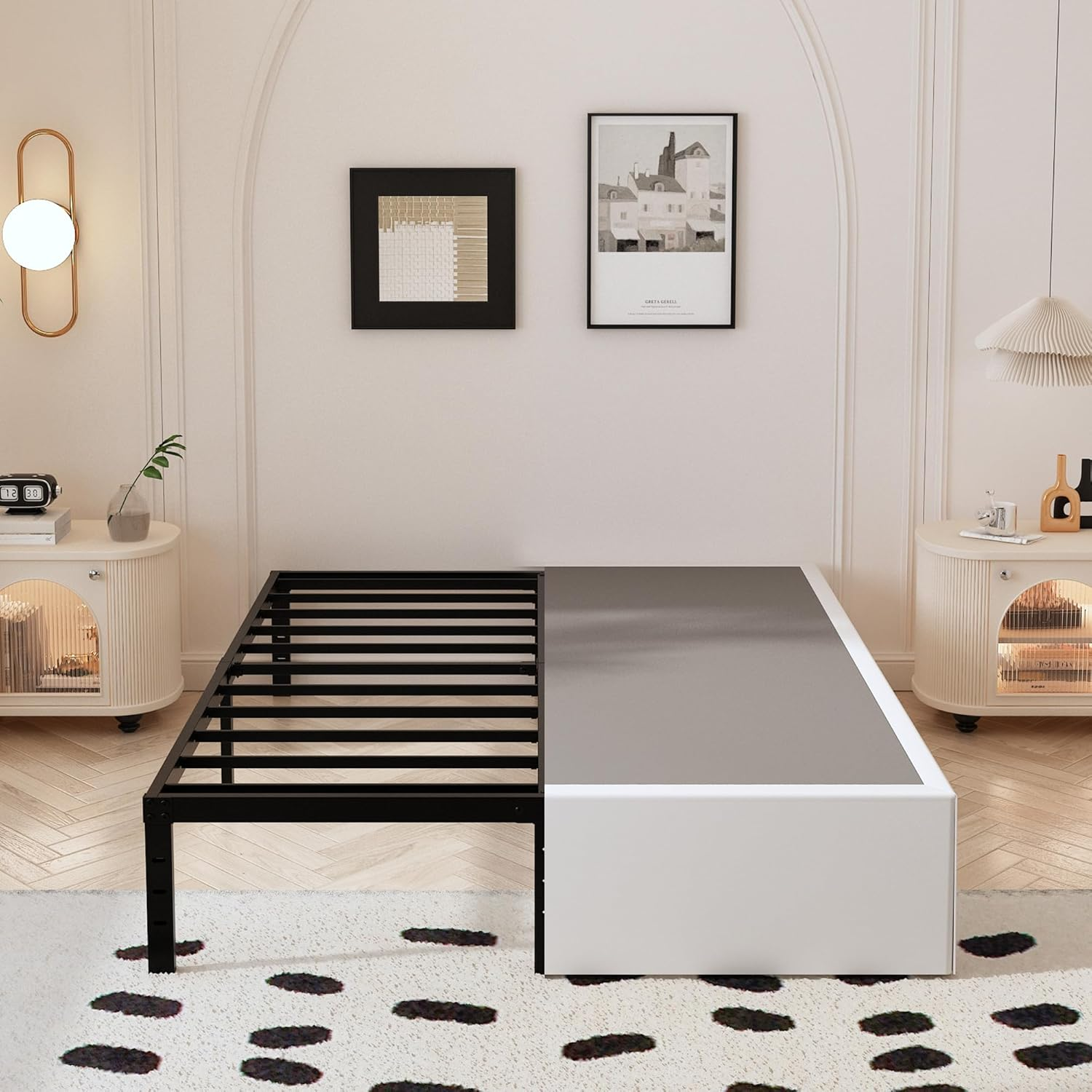 Bed Frame Queen Size with White Fabric Cover 14 Inch, Heavy Duty Metal Queen Bed-image