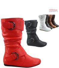 Kid's Youth's Causal Round Toe Flat Zip Buckle Slouch Boots Size 9 - 4 NEW