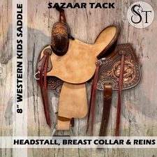 New 8" Western Leather Youth Kids Horse Pony Saddle Tack Set Floral Tooled Brown
