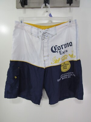 Mens Corona Extra Shorts Size 34 White Blue Yellow Hook and Loop Tie String
