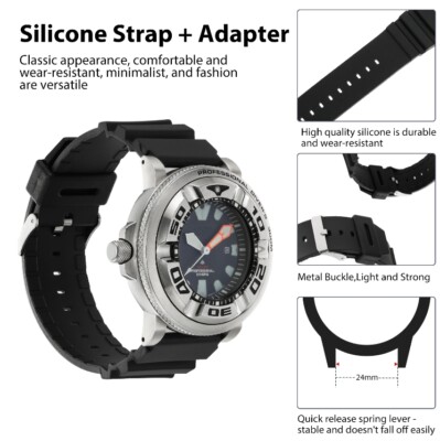 ピオーネページ 24mm Black Silicone Strap+Silver Adapters for Citizen Eco-Drive